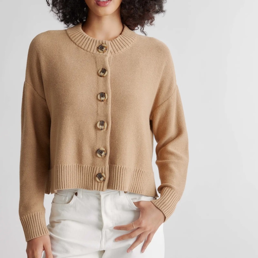 Quince 100% Organic Cotton Camel Tan Button Front Crew Neck Cropped Cardigan